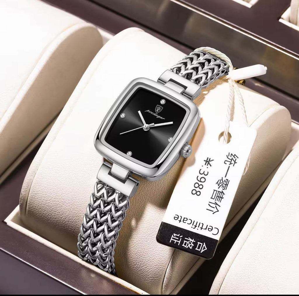 POEDAGAR Luxury Square Watch for Women – Stainless Steel Ladies Quartz Watch