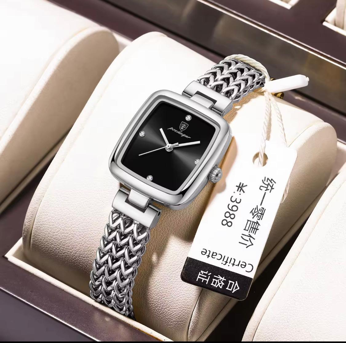 POEDAGAR Luxury Square Watch for Women – Stainless Steel Ladies Quartz Watch