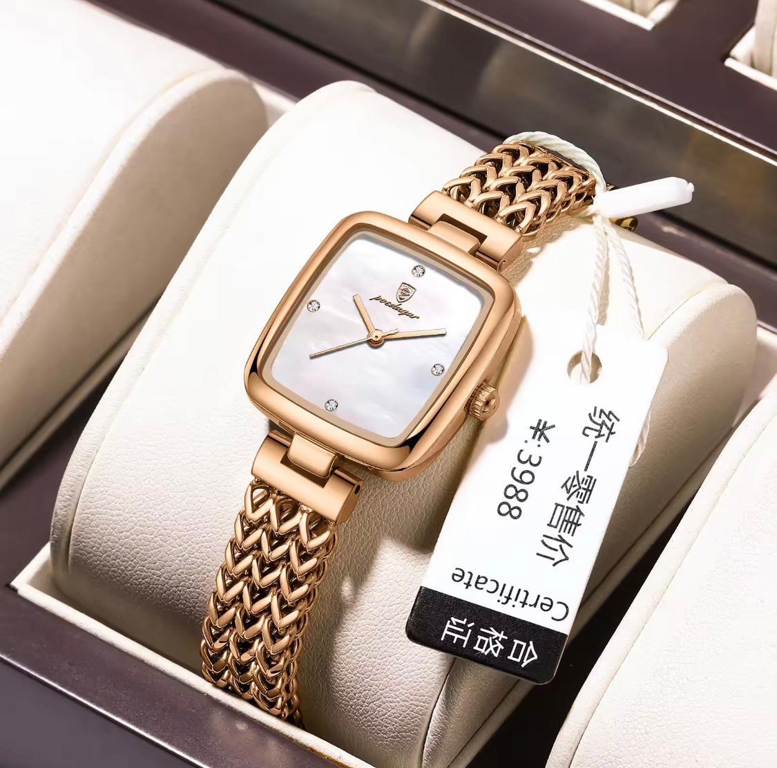 POEDAGAR Luxury Square Watch for Women – Stainless Steel Ladies Quartz Watch